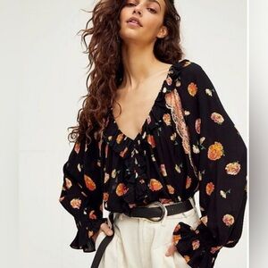 Free People Women's Poppy Floral Print Lace Bodysuit Size Small Black